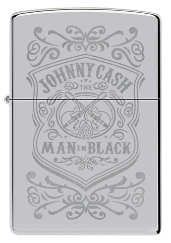 Front view of Zippo Johnny Cash High Polish Chrome Windproof Lighter.