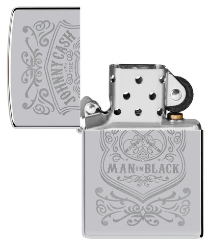 Zippo Johnny Cash High Polish Chrome Windproof Lighter with its lid open and unlit.