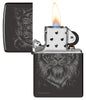 Zippo Lindsay Kivi High Polish Black Windproof Lighter with its lid open and lit.