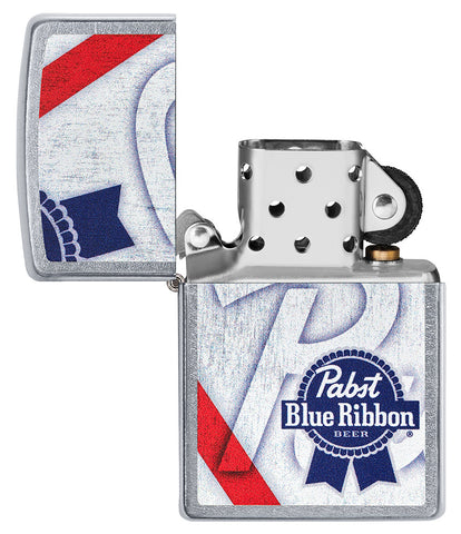 Pabst Blue Ribbon Street Chrome™ Windproof Lighter with its lid open and unlit