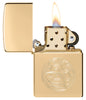 Zippo 420 Design High Polish Brass Windproof Lighter with its lid open and lit.