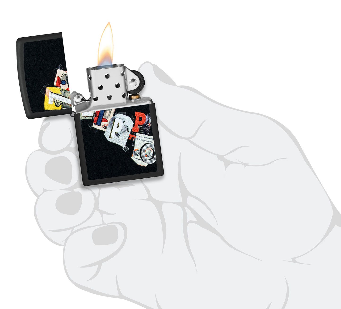 Zippo Cut and Paste Design Black Matte Windproof Lighter lit in hand.