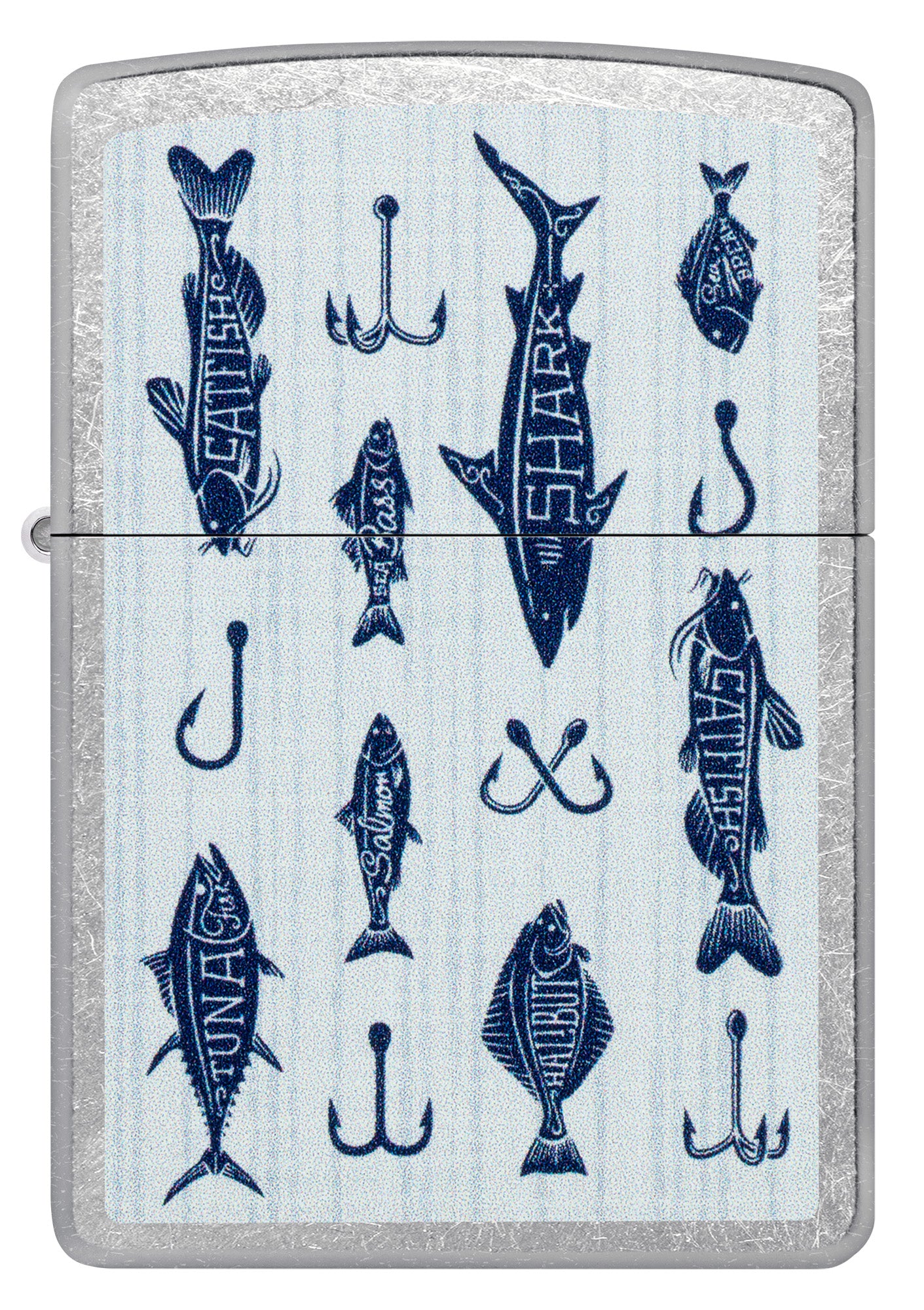 Front view of Zippo Off the Hook Design Street Chrome Windproof Lighter.