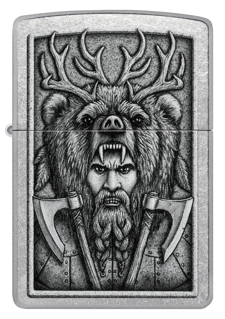 Front shot of Zippo Barbarian Design Street Chrome Windproof Lighter.