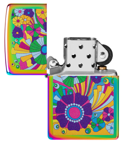 Zippo Vintage Flowers Design Multi-Color Windproof Lighter with its lid open and unlit.