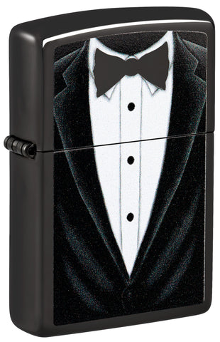 Front view of Black Bowtie Windproof Lighter standing at a 3/4 angle