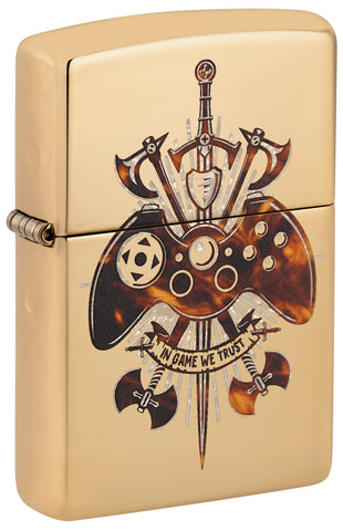 Front shot of Zippo Gamer Creed Design High Polish Brass Windproof Lighter standing at a 3/4 angle.