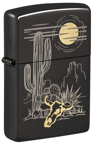 Front view of Zippo Western Design High Polish Black Windproof Lighter standing at a 3/4 angle.