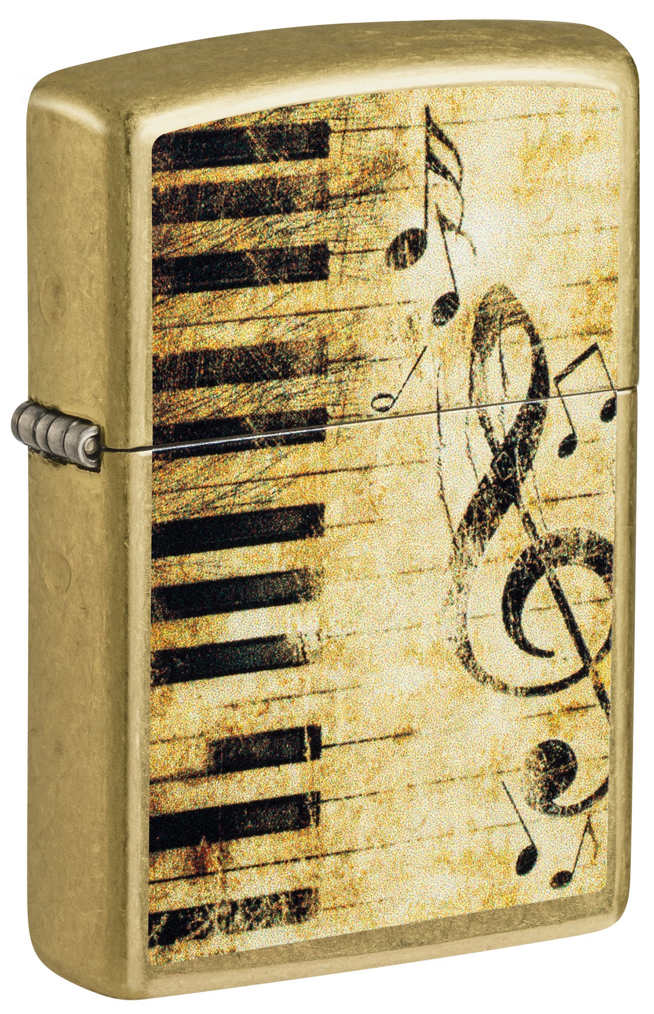 Front shot of Zippo Nothing but Treble Design Street Brass Windproof Lighter standing at a 3/4 angle.