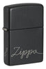 Front view of Zippo Design Black Matte with Chrome Windproof Lighter standing at a 3/4 angle.