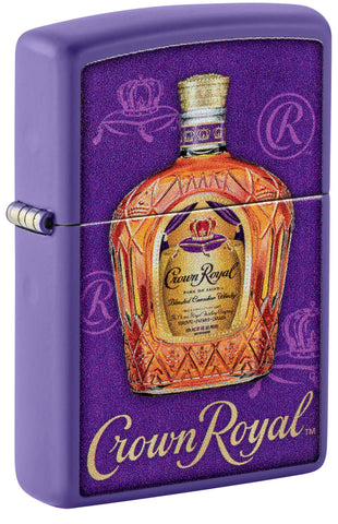 Front shot of Zippo Crown Royal Design Purple Matte Windproof Lighter standing at a 3/4 angle.