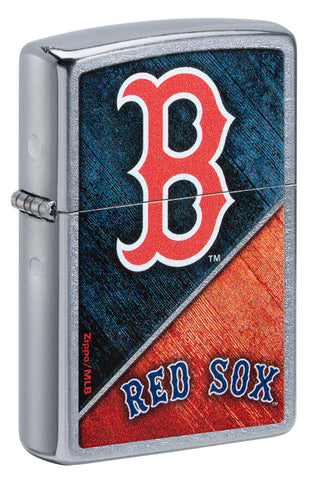 Front shot of MLB® Boston Red Sox™ Street Chrome™ Windproof Lighter standing at a 3/4 angle.
