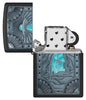 Zippo Cow Abduction Design Black Matte Windproof Lighter with its lid open and unlit.