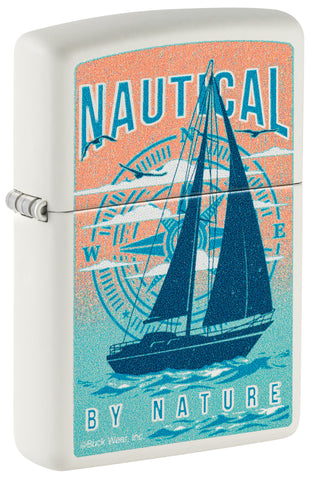 Front shot of Zippo Buck Wear Nautical Design White Matte Windproof Lighter standing at a 3/4 angle.