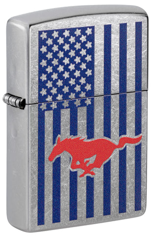 Front shot of Zippo Ford Mustang American Flag Street Chrome Windproof Lighter standing at a 3/4 angle.