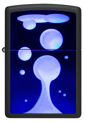 Front view of Zippo Black Light Lava Lamp Design Black Matte Windproof Lighter glowing.