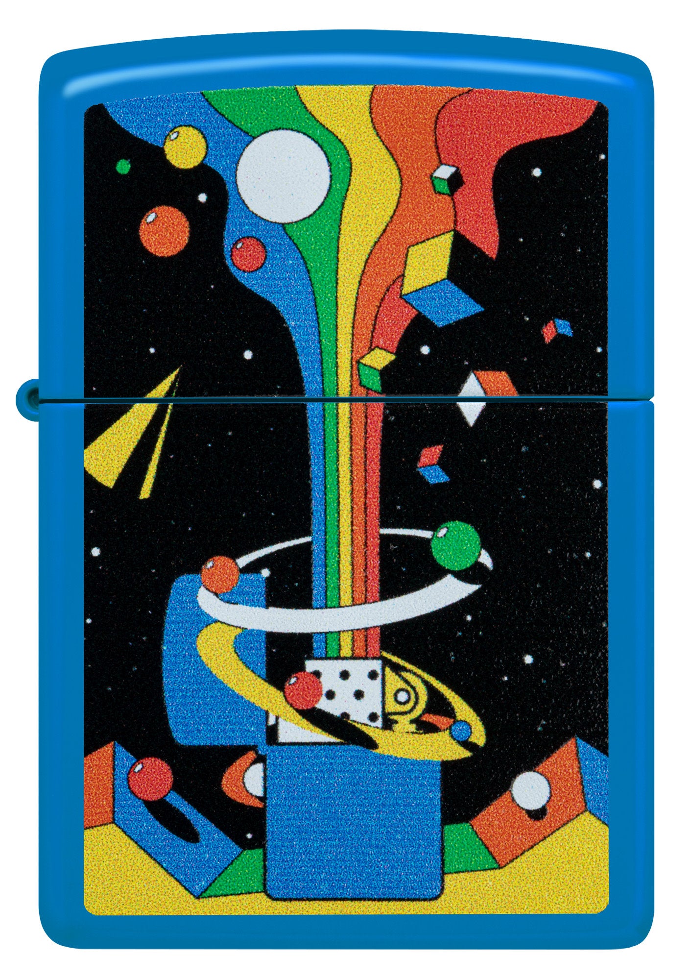 Front view of Zippo Cosmic Zippo Design Sky Blue Matte Windproof Lighter.