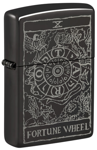 Front shot of Zippo Wheel of Fortune Design High Polish Black Windproof Lighter standing at a 3/4 angle.
