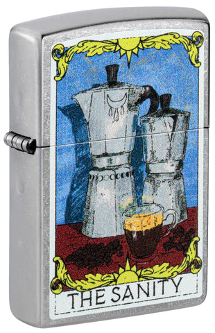 Front shot of Zippo Coffee Sanity Street Chrome Windproof Lighter standing at a 3/4 angle.