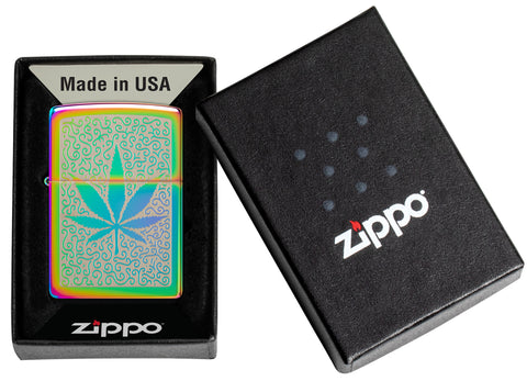Zippo Cannabis Design Multi-Color Windproof Lighter in its packaging.