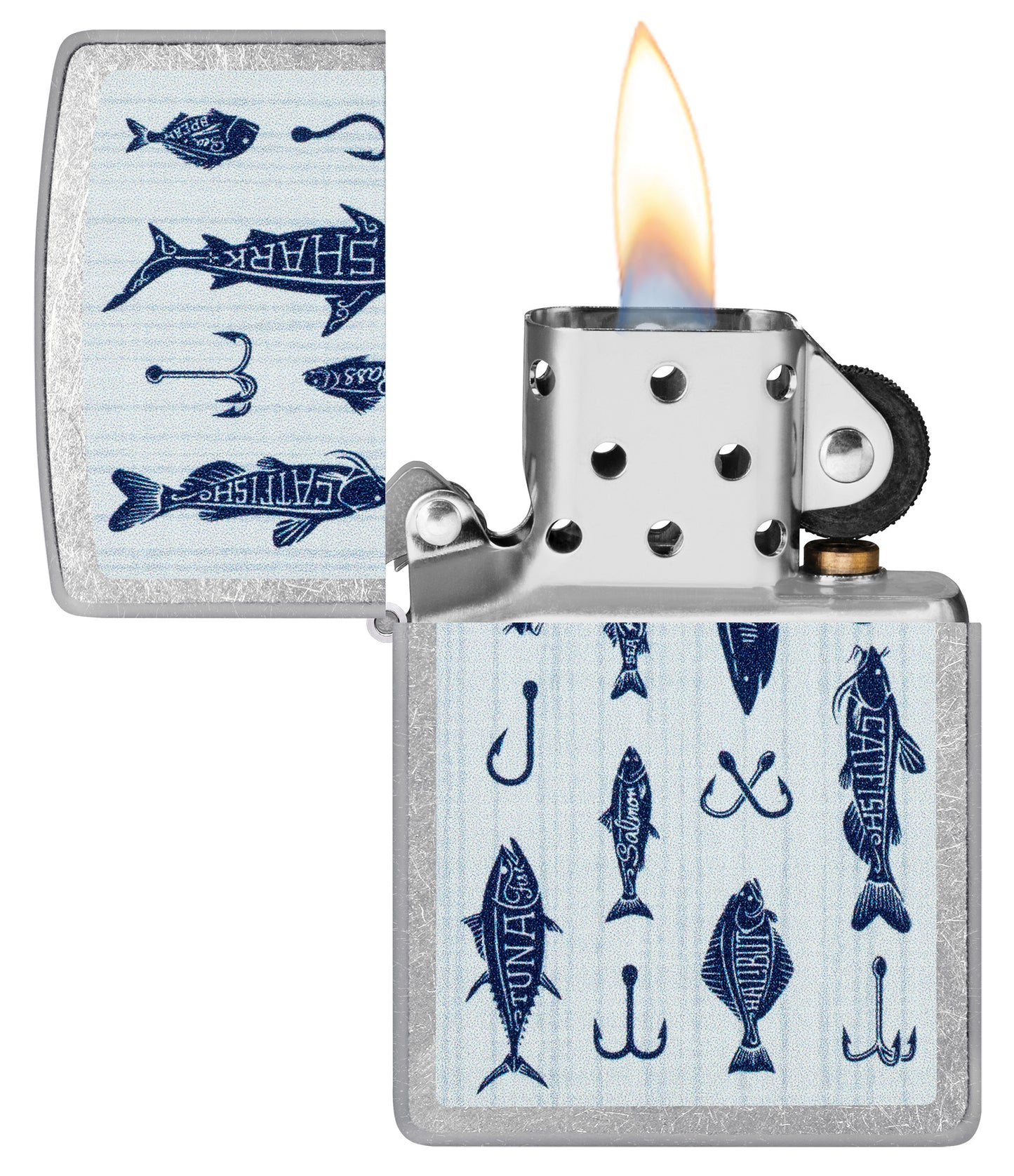 Zippo Off the Hook Design Street Chrome Windproof Lighter with its lid open and lit.