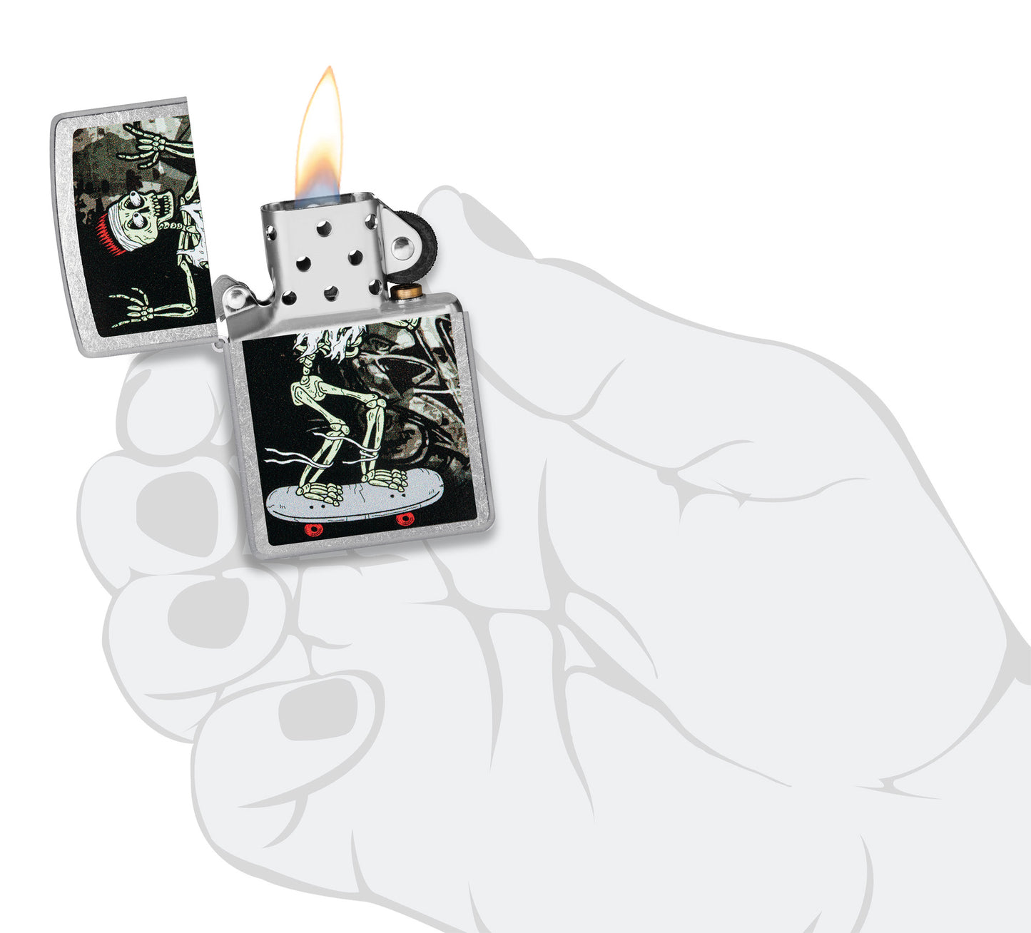 Zippo Skateboard Street Chrome Windproof Lighter lit in hand.