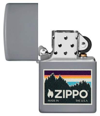 Outdoor Zippo Logo Design Flat Grey Windproof Lighter with its lid open and unlit.