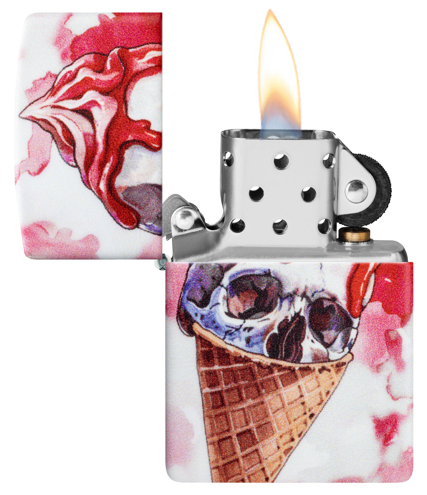 Zippo I Scream Cone Design 540 Matte Windproof Lighter with its lid open and lit.