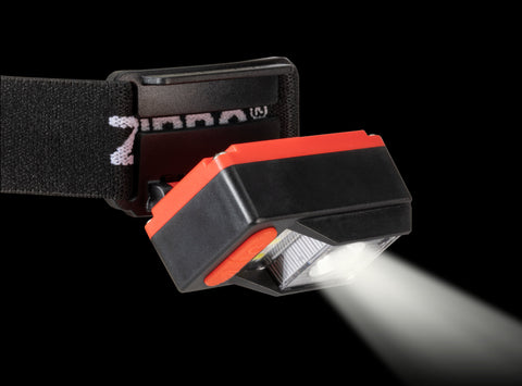 Shot of the Zippo Headlamp with the light and the headlamp angled down.