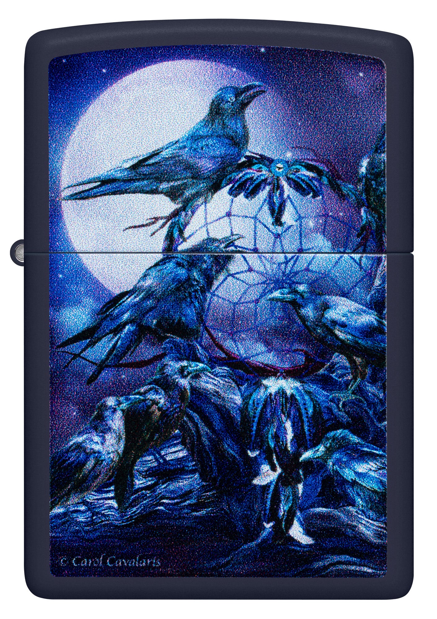 Front view of Zippo Carol Cavalaris Raven dreams Design Navy Matte Windproof Lighter