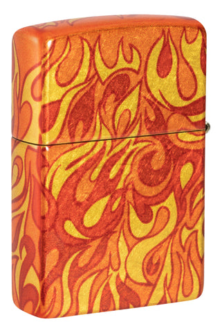 Back view of Zippo Fire Design 540 Tumbled Brass Windproof Lighter standing at a 3/4 angle.