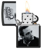 Zippo Johnny Cash Black Matte Windproof Lighter with its lid open and lit.