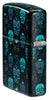 Angled shot of Zippo Sugar Skulls Design Glow in the Dark Matte Windproof Lighter showing the back and hinge side of the lighter.