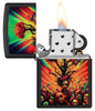 Zippo Abstract Zombie Black Matte Windproof Lighter with its lid open and lit.