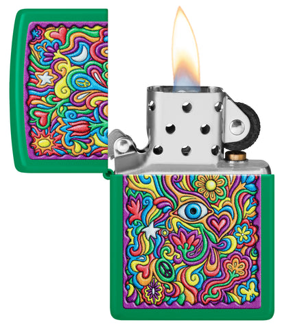 Zippo Trippy Design Grass Green Matte Windproof Lighter with its lid open and lit.