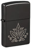 Front view of Zippo Cannabis Design High Polish Black Windproof Lighter standing at a 3/4 angle.