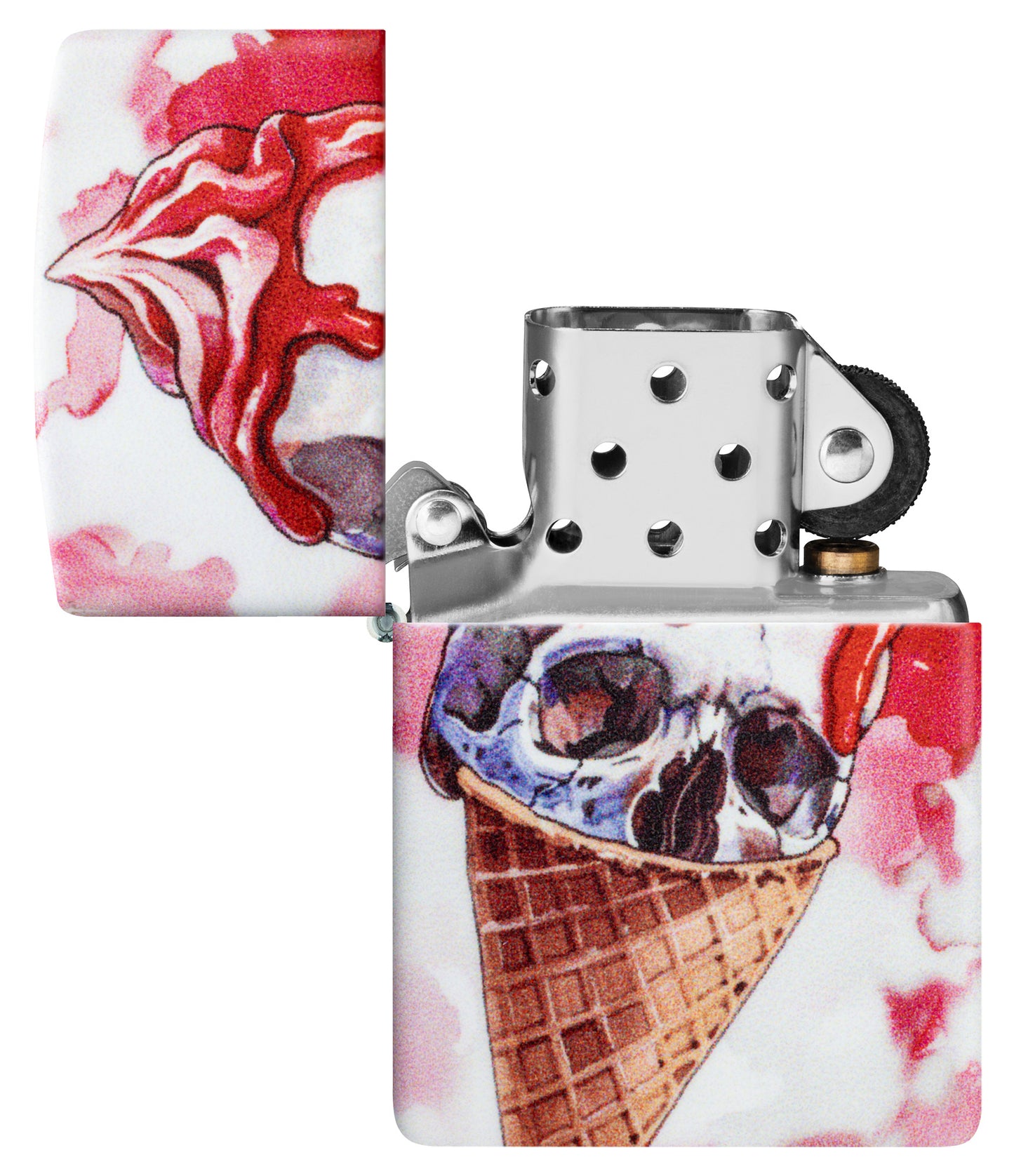 Zippo I Scream Cone Design 540 Matte Windproof Lighter with its lid open and unlit.