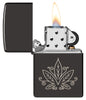 Zippo Cannabis Design High Polish Black Windproof Lighter with its lid open and lit.