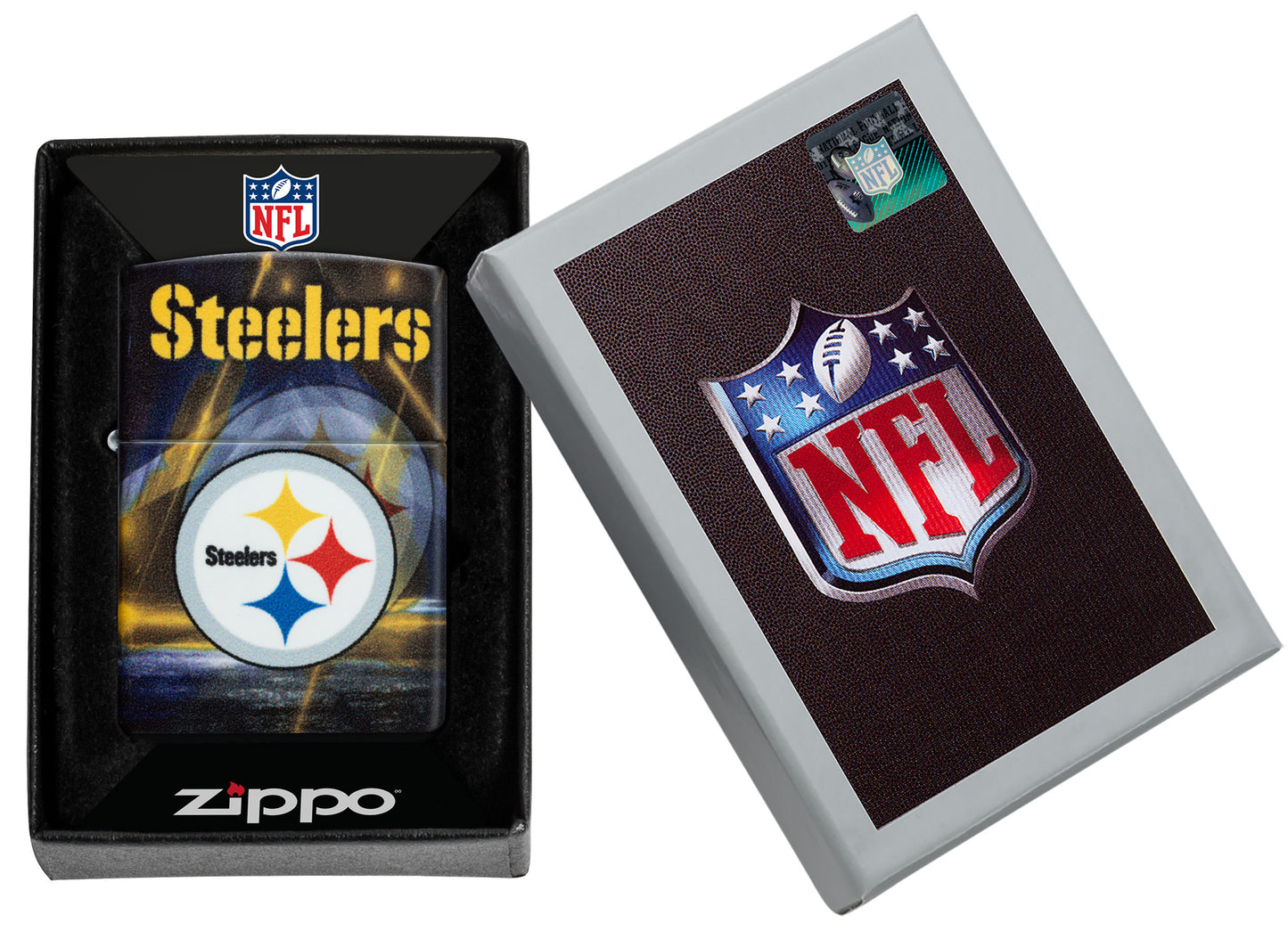 Zippo NFL Pittsburgh Steelers 540 Matte Windproof Lighter in its packaging.