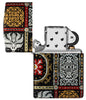 Zippo Tapestry Pattern Design 540 Tumbled Chrome Windproof Lighter with its lid open and unlit.