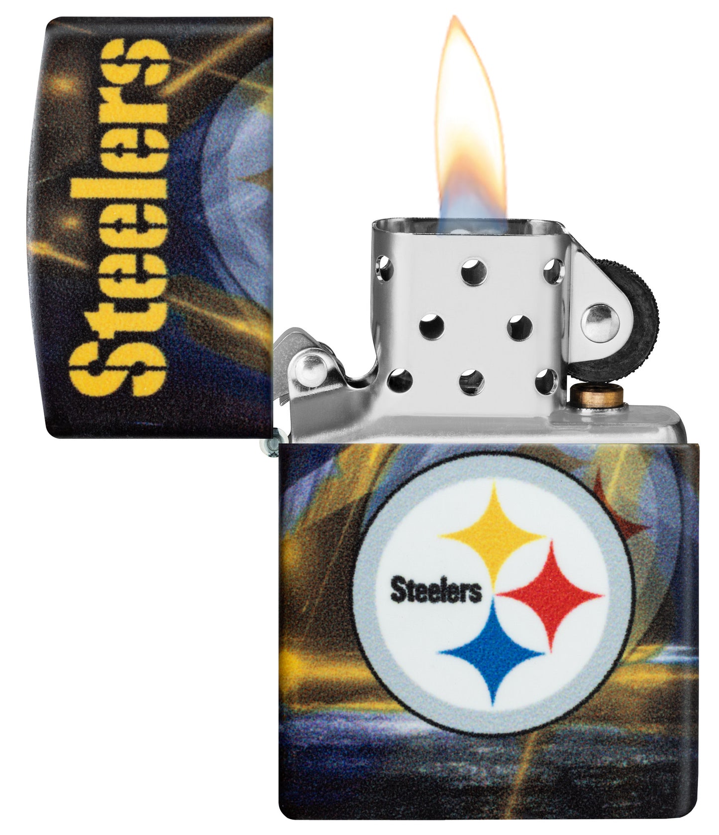 Zippo NFL Pittsburgh Steelers 540 Matte Windproof Lighter with its lid open and lit.