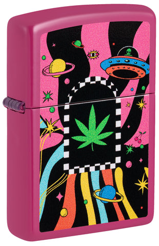 Front view of Zippo Cannabis Design Frequency Windproof Lighter standing at a 3/4 angle.