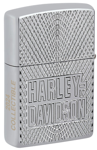 Back view of Zippo Harley-Davidson® Armor High Polish Chrome Windproof Lighter standing at a 3/4 angle.