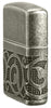 Angled shot of Zippo Pattern Armor Antique Silver Windproof Lighter showing the front and right side of the lighter.