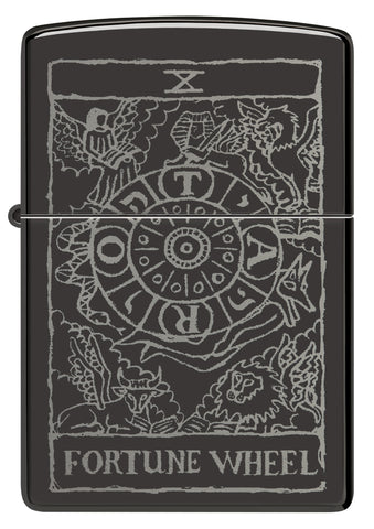 Front view of Zippo Wheel of Fortune Design High Polish Black Windproof Lighter.