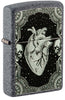 Front shot of Zippo Heart Design Iron Stone Pocket Lighter standing at a 3/4 angle.