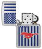 Zippo Ford Mustang American Flag Street Chrome Windproof Lighter with its lid open and unlit.
