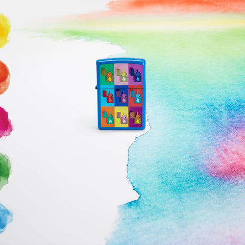 Lifestyle image of Zippo Pop Art Design Sky Blue Matte Windproof Lighter.