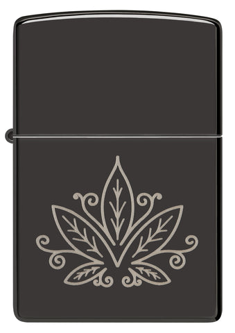 Front view of Zippo Cannabis Design High Polish Black Windproof Lighter.