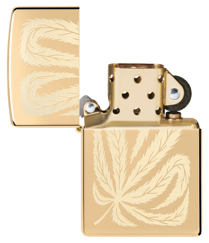 Zippo Leaf Feather Design High Polish Brass Windproof Lighter with its lid open and unlit.